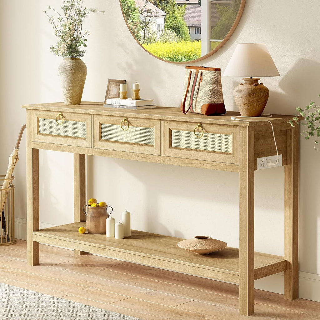 SUPERJARE Rattan Console Sofa Table with Outlets and USB-C Port, 3 Drawer