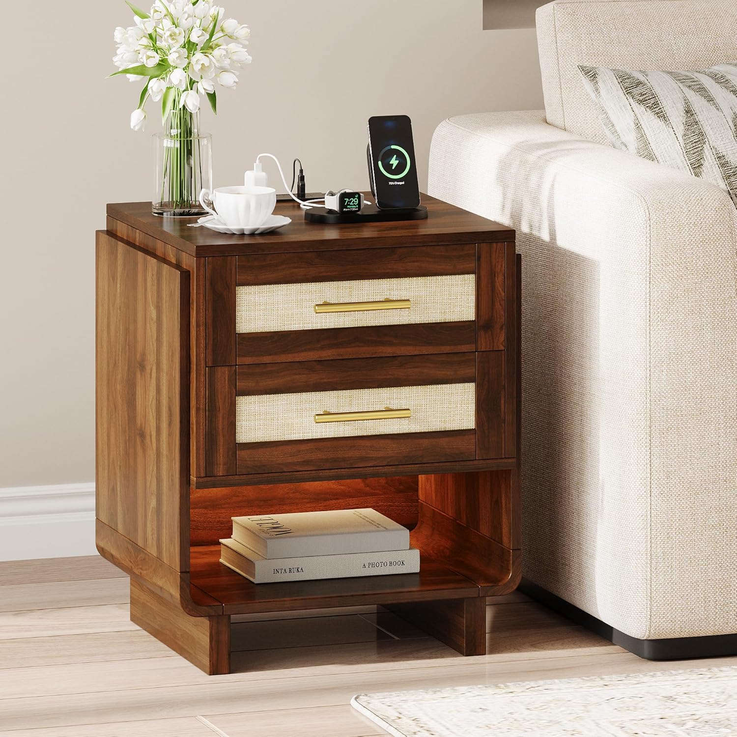 Farmhouse Nightstand with Charging Station, 18" Wide End Table with 2 Drawers, Wood Dresser for Bedroom