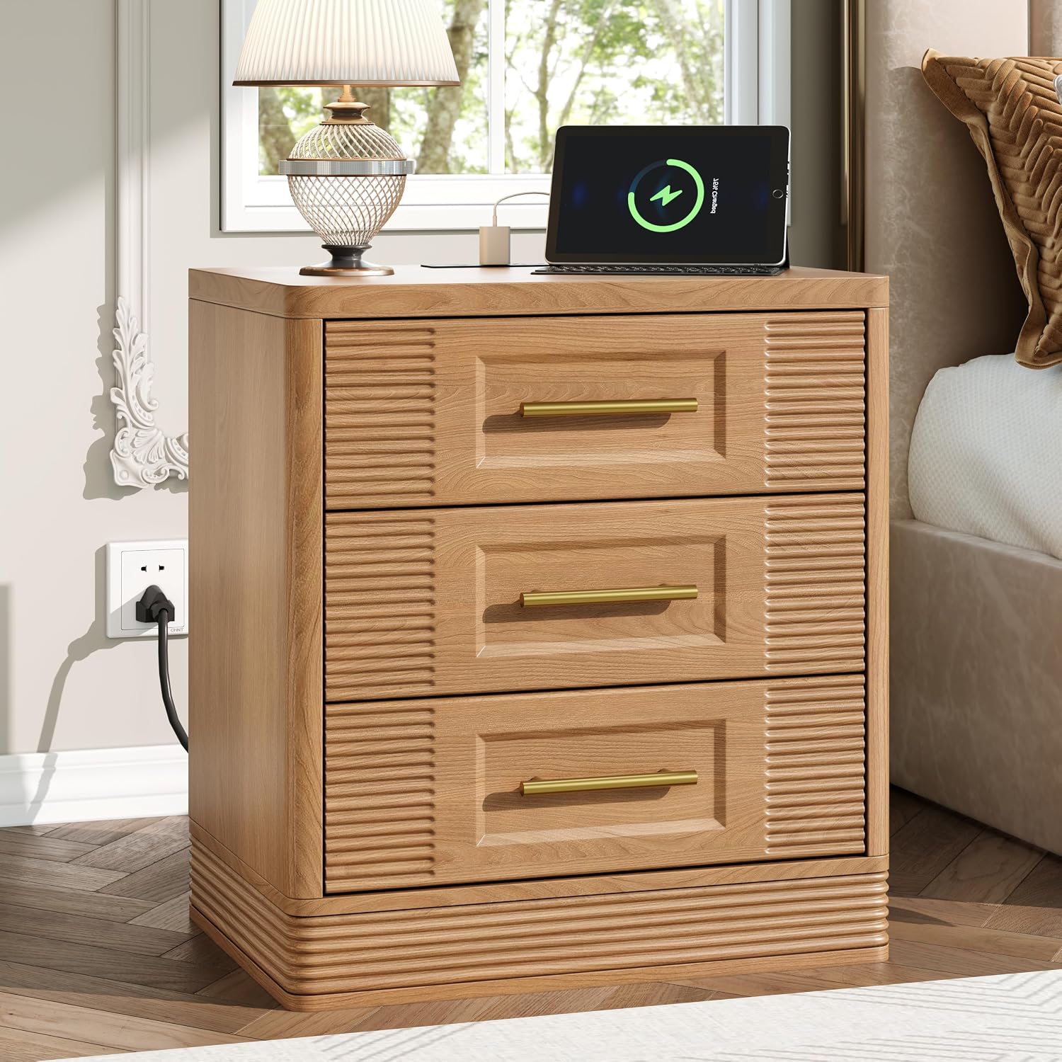 3 Drawer Dresser for Bedroom, 25.6" Tall Nightstand with Charging Station, Farmhouse 23.6" Wide End Table