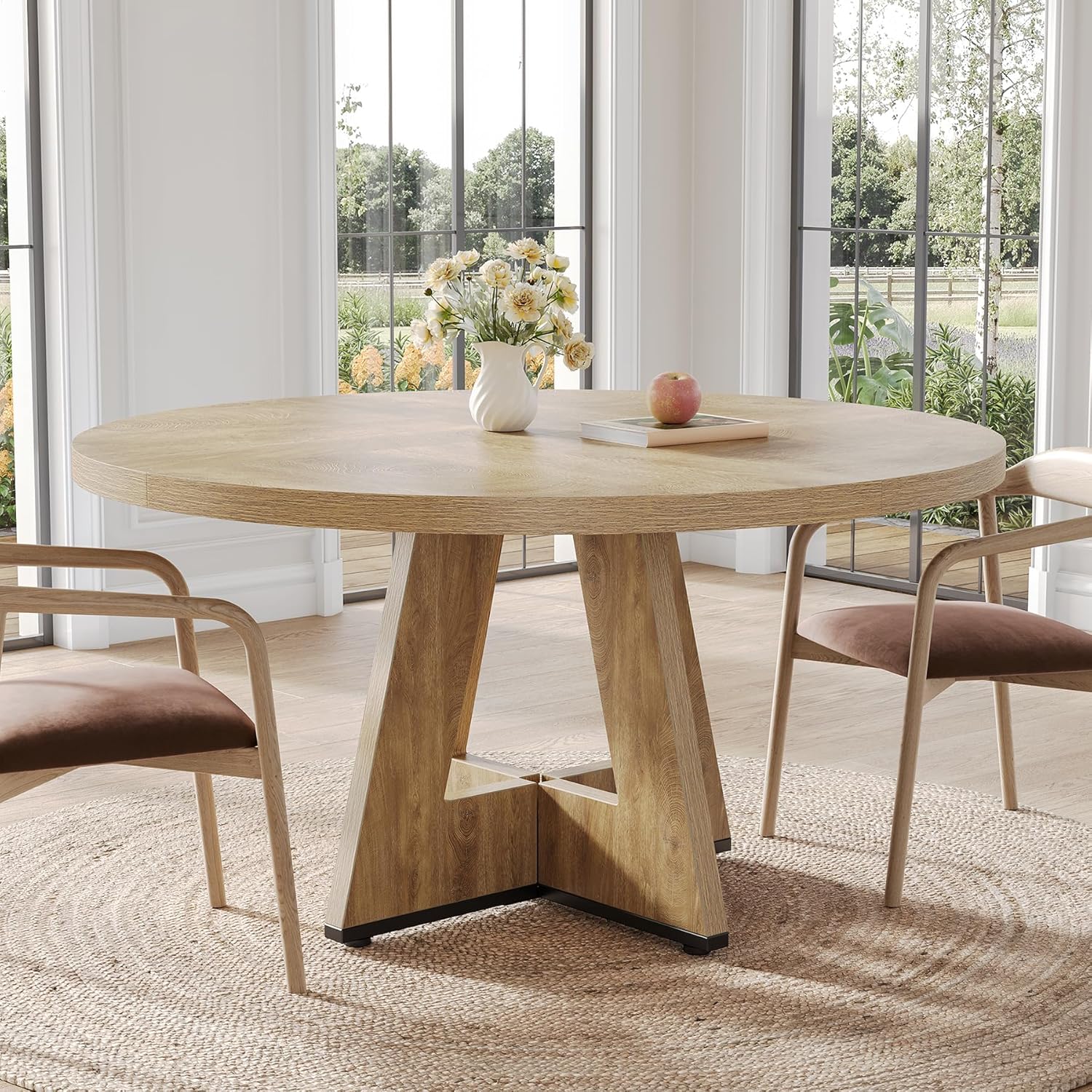 LITTLE TREE Round Dining Table for 4-6 People, 47 Inches Dining Room Table with Wooden Pedestal Base