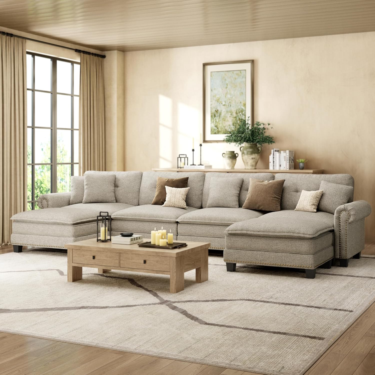 HERA'S HOUSE 150" Oversized Mid-Century Modern Couch, Classic U Shaped Pet Friendly Couch for Living Room