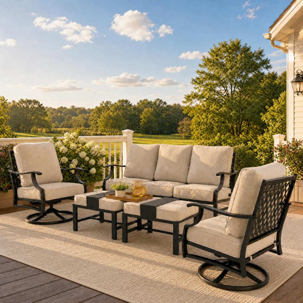 Patio Furniture Set, Modern Metal Outdoor Patio Furniture, 3 Seater Sofa, 2 Swivel Chairs, 2 Ottomans
