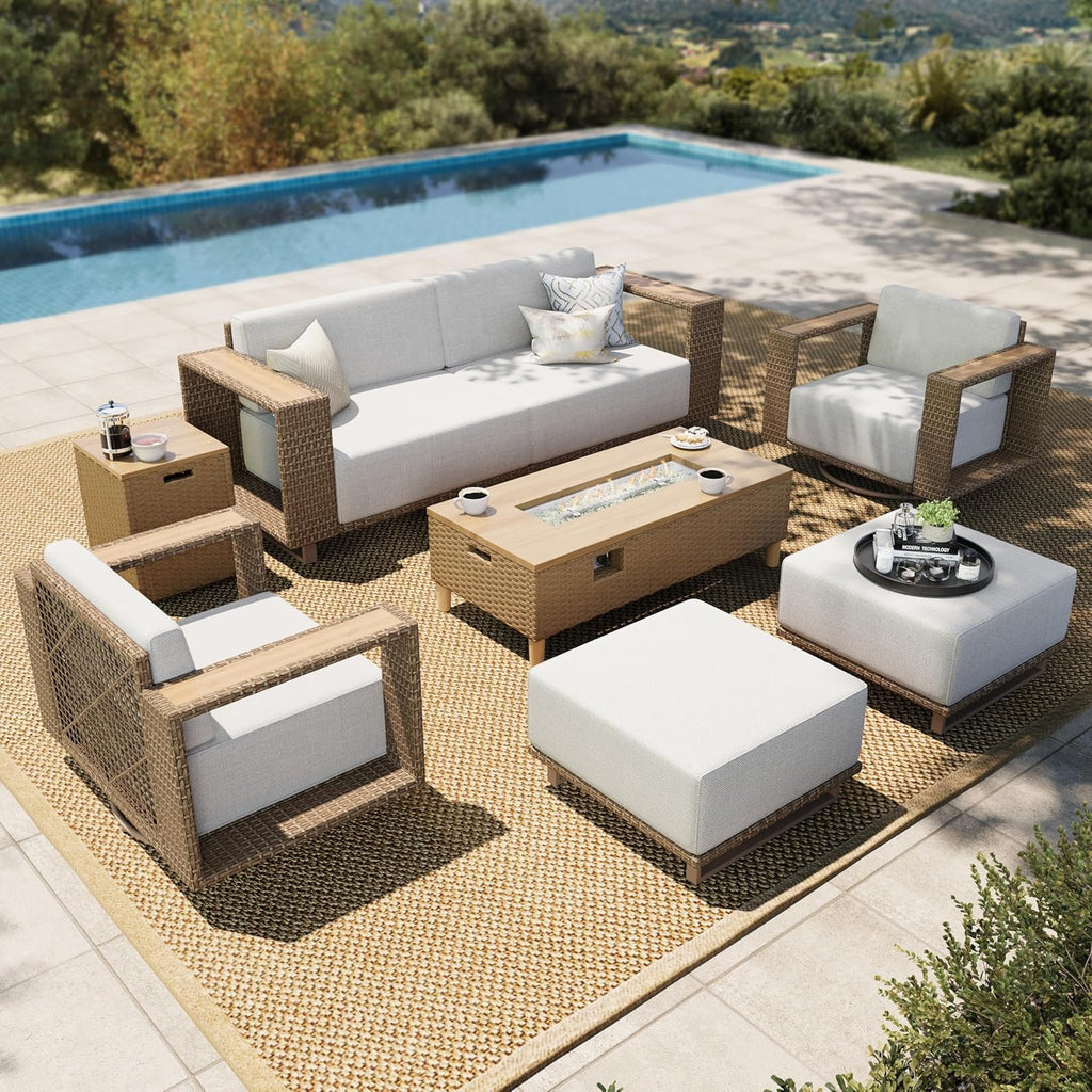 HERA'S HOUSE 6 Pieces Patio Furniture Set with Swivel Chairs & Fire Pit, Outdoor Sectional Rattan Wicker Sofas with 10" Thick Cushion