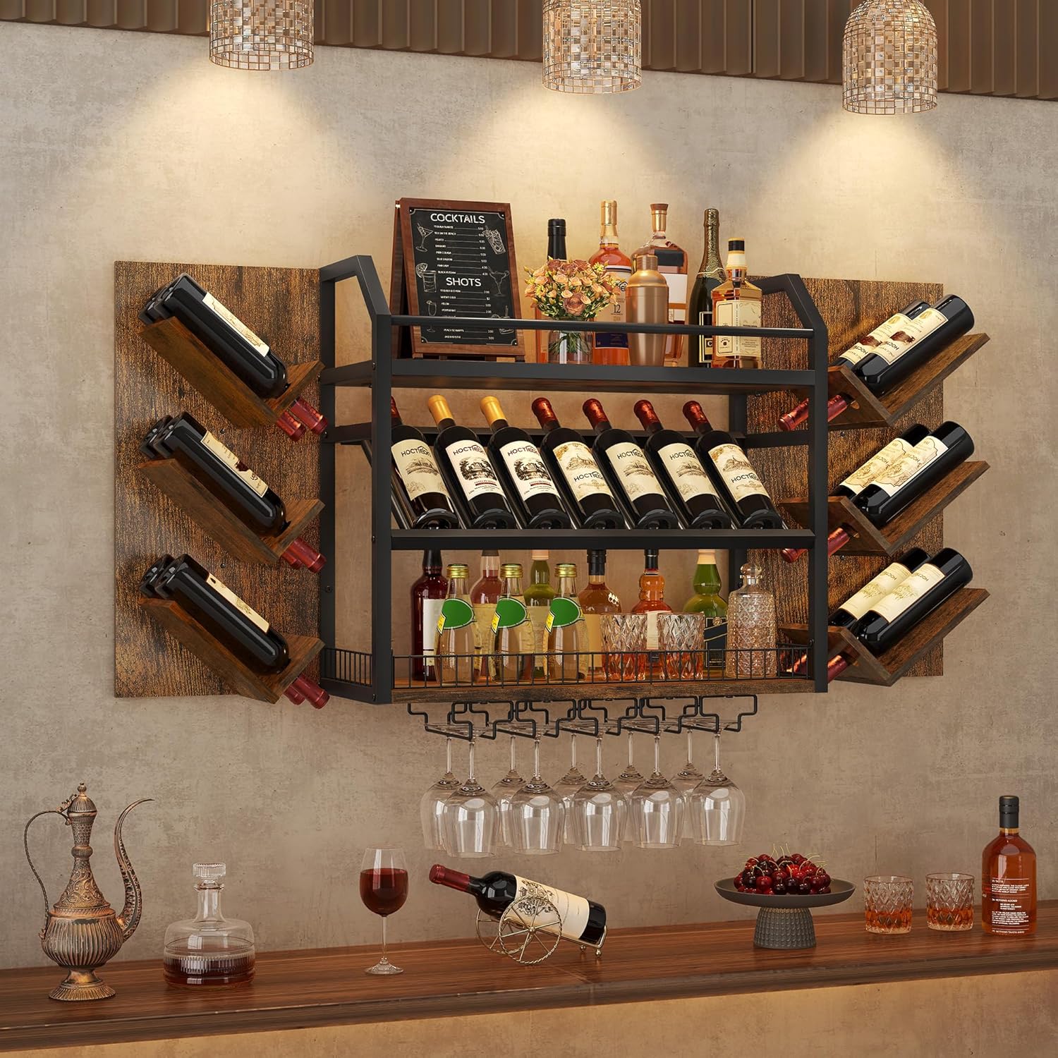 Hoctieon 48.6in Wall Mounted Wine Rack, 3 Tier Hanging Wine Racks with Glass Holder