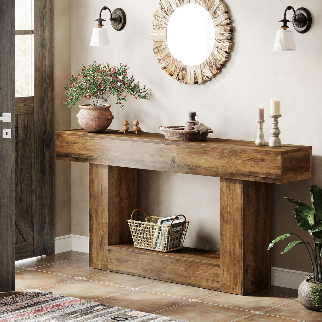 Tribesigns 63" Console Table, Farmhouse 2-Tier Entryway Table with U-Shaped Base, Narrow Long Wood