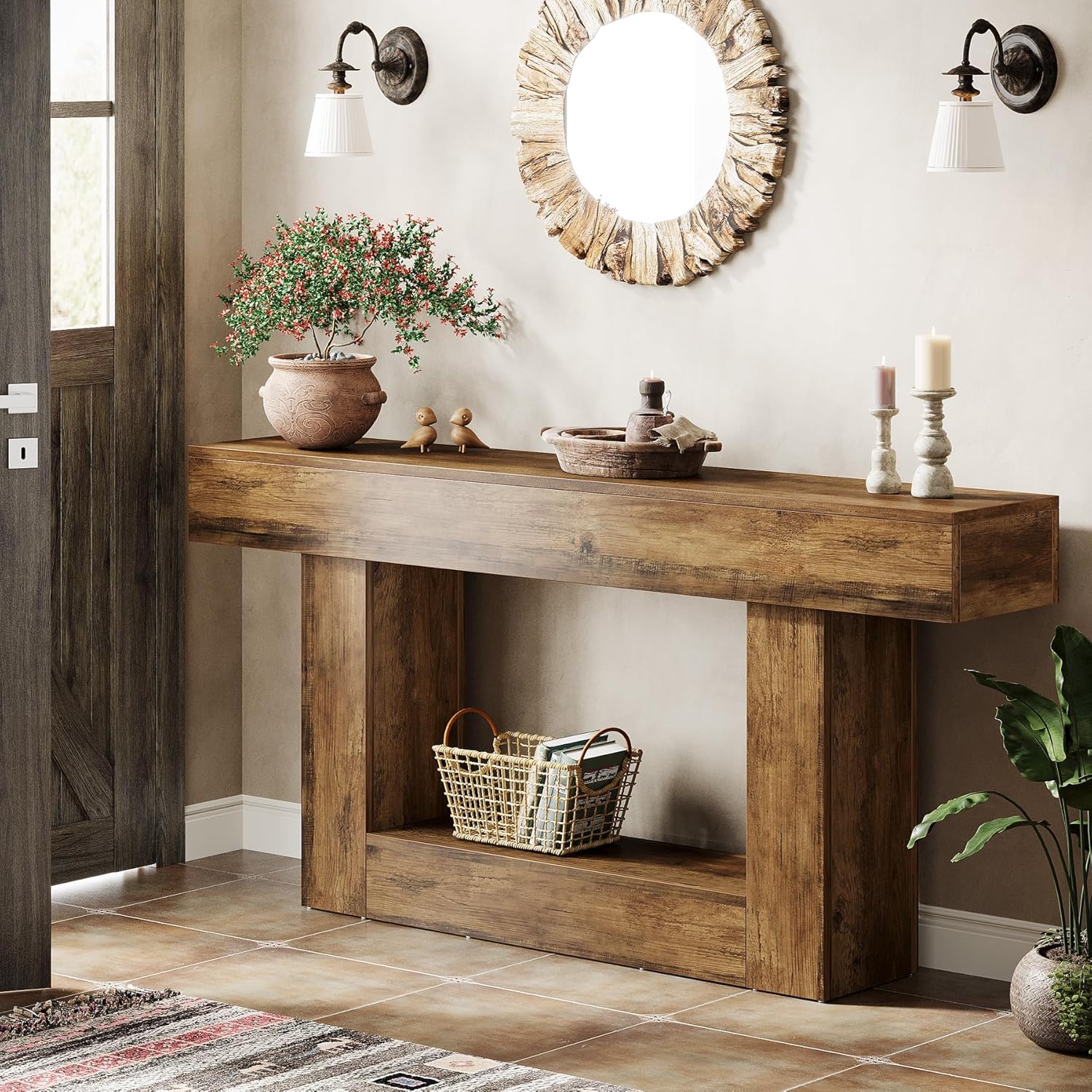 Tribesigns 63" Console Table, Farmhouse 2-Tier Entryway Table with U-Shaped Base, Narrow Long Wood
