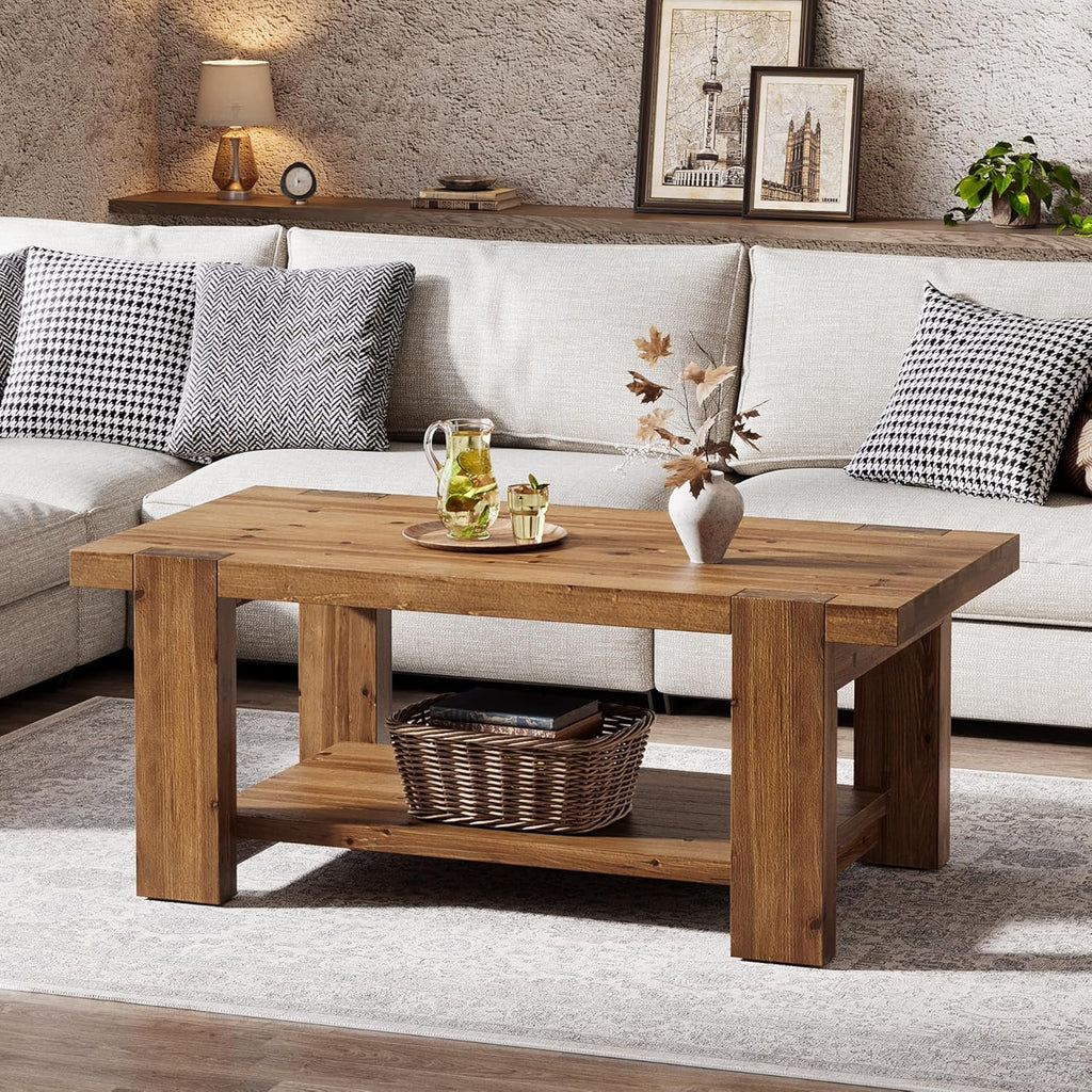 47" Large Coffee Table with Storage Shelf, Solid Wood Heavy-Duty Rustic