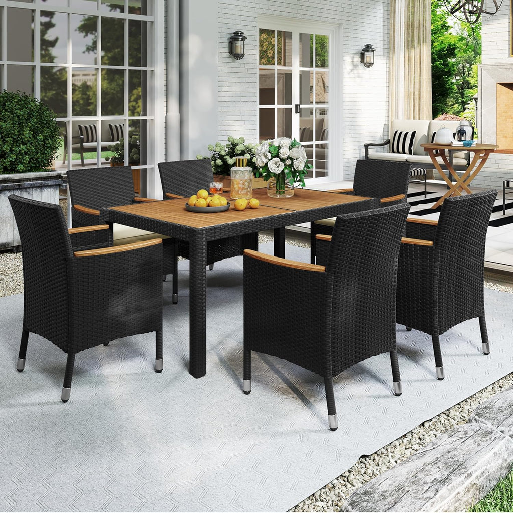 Yaheetech 7 Piece Patio Furniture Set, Outdoor Dining Acacia Wood Table Top Rattan Conversation Set