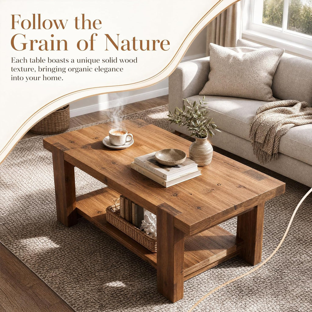 47" Large Coffee Table with Storage Shelf, Solid Wood Heavy-Duty Rustic