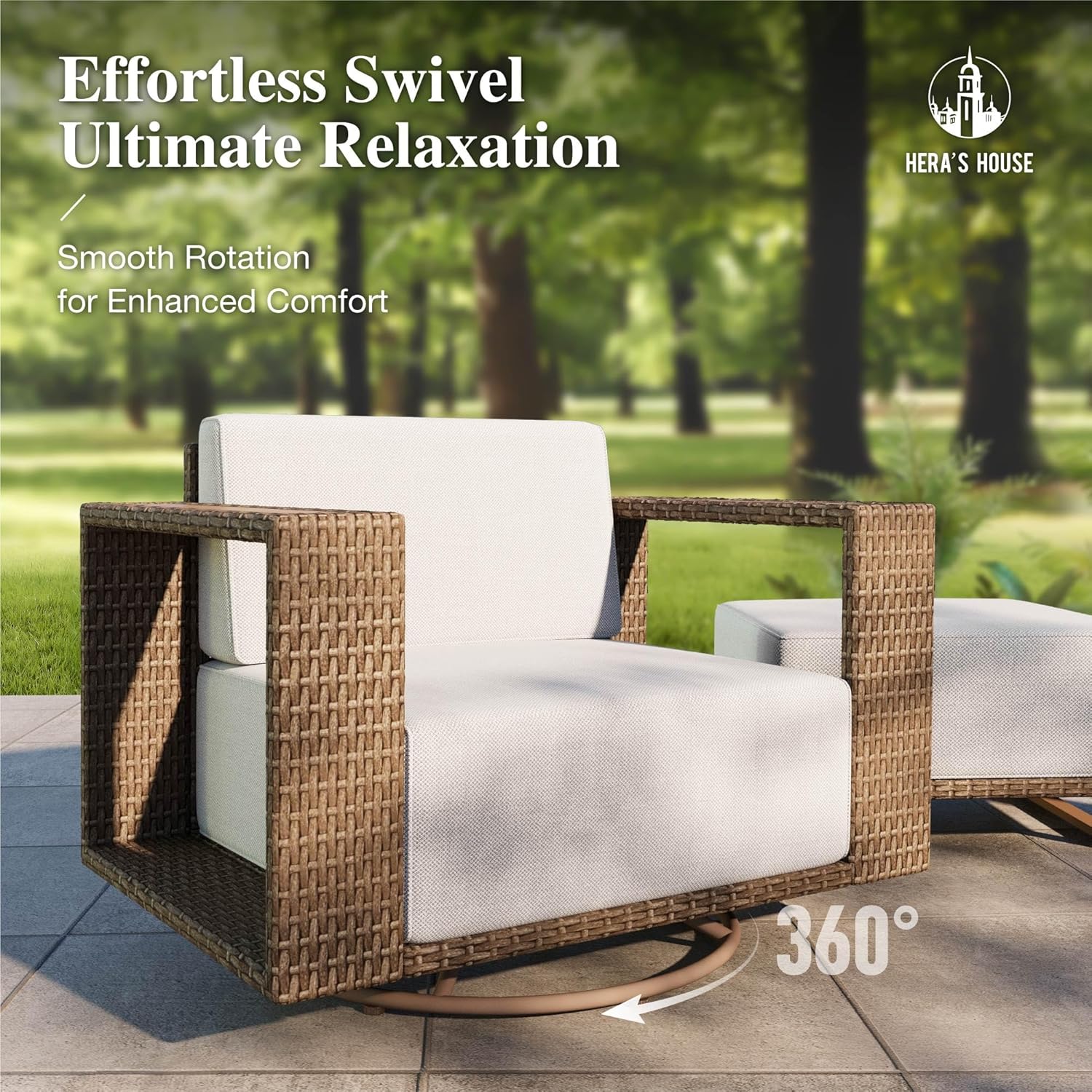 HERA'S HOUSE 6 Pieces Patio Furniture Set with Swivel Chairs & Fire Pit, Outdoor Sectional Rattan Wicker Sofas with 10" Thick Cushion