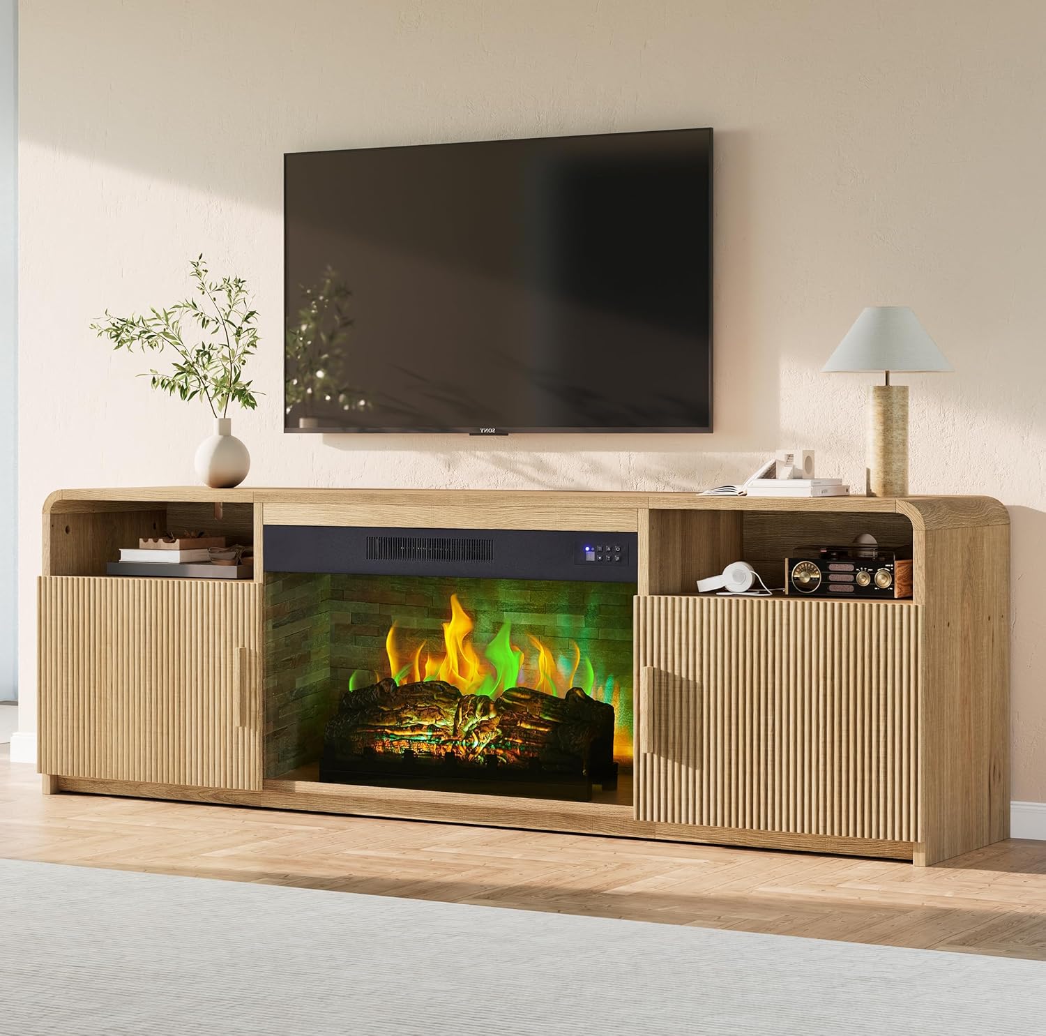 AMERLIFE 70" Fluted Fireplace TV Stand for TVs Up to 80", Modern TV Console with 30" Electric Fireplace
