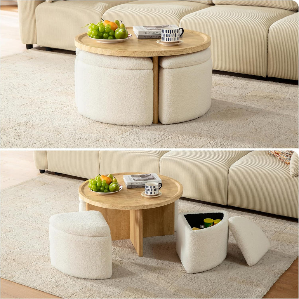Round Coffee Table with Stools Underneath, Wood Ottoman Coffee Tables with 4 Boucle Storage