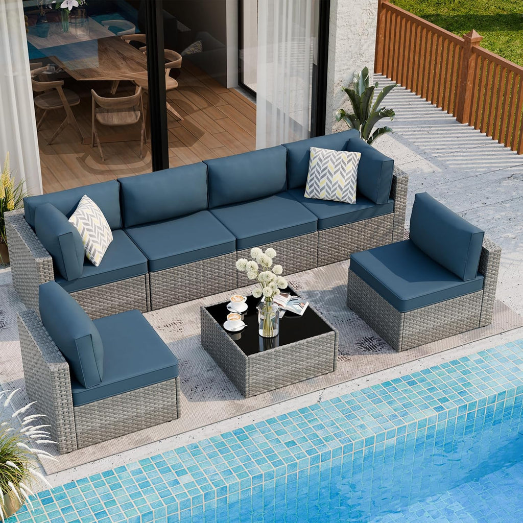 7 Piece Outdoor Patio Furniture Set,Silver PE Rattan Wicker Sectional Sofa, All Weather Conversation Set with Washable Cushions