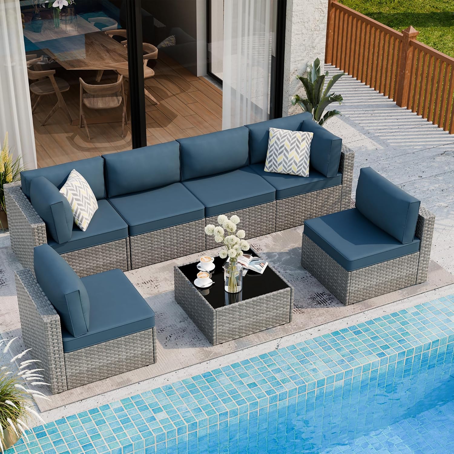 7 Piece Outdoor Patio Furniture Set,Silver PE Rattan Wicker Sectional Sofa, All Weather Conversation Set with Washable Cushions