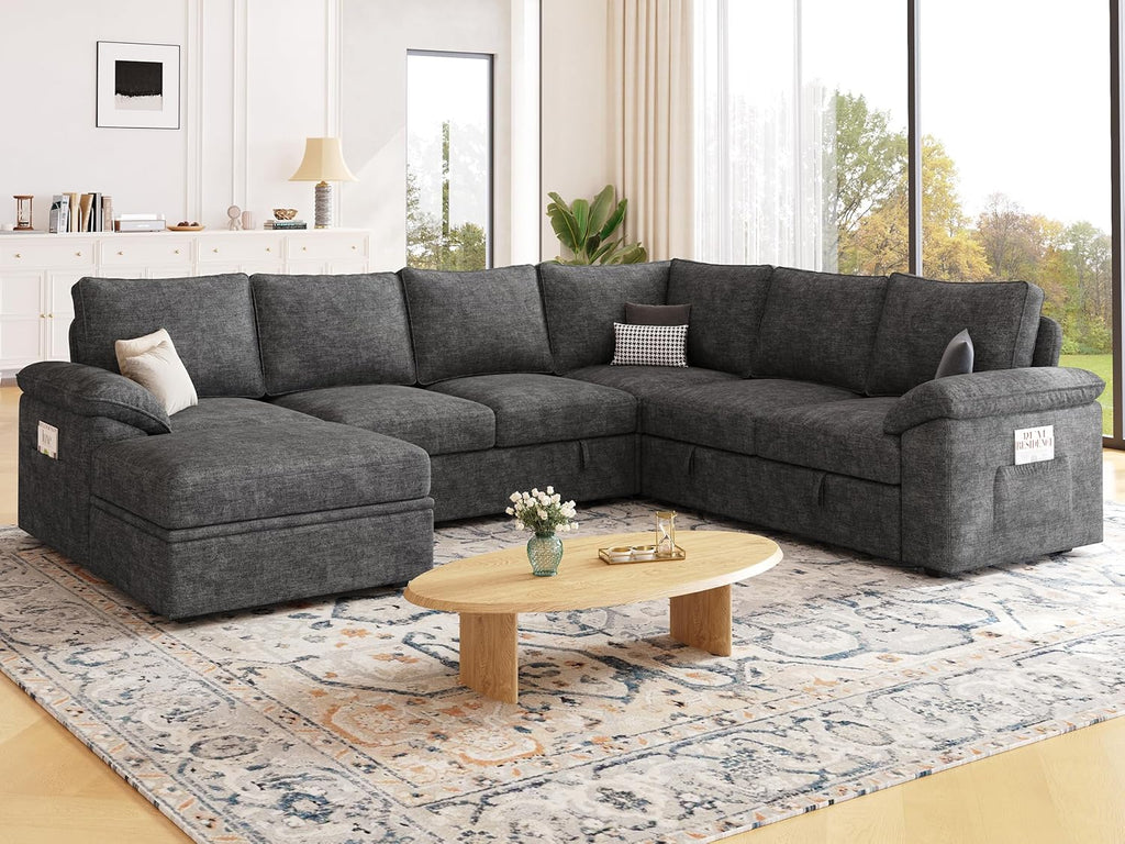 108 Inch Sectional Sleeper Sofa with Pull Out Bed, U Shaped 7 Seat Modular Sectional Sofa