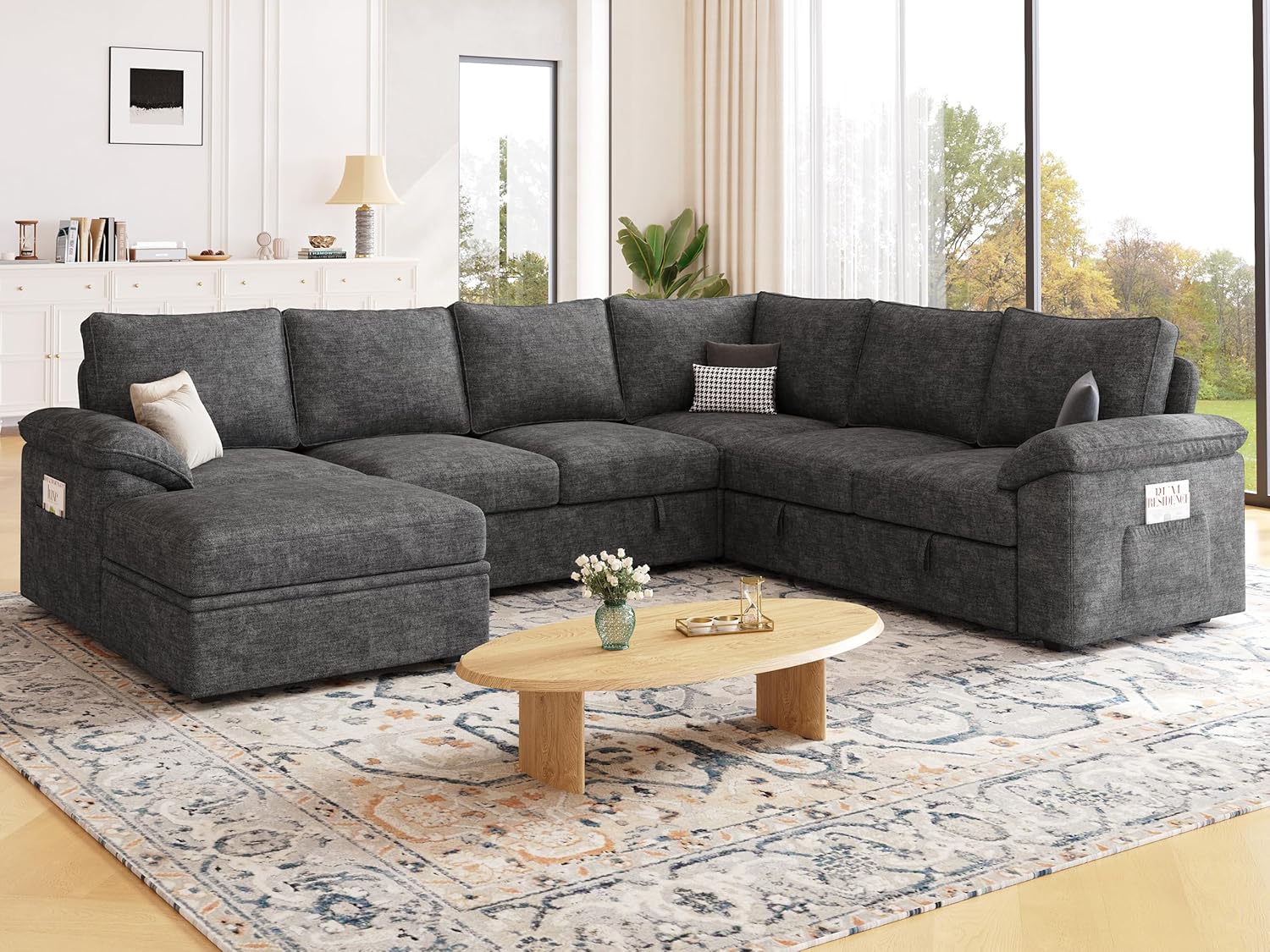 108 Inch Sectional Sleeper Sofa with Pull Out Bed, U Shaped 7 Seat Modular Sectional Sofa