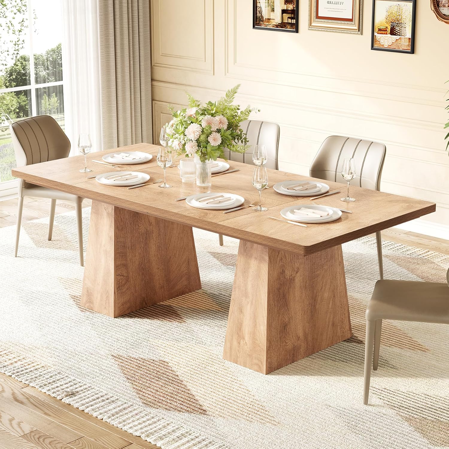 LITTLE TREE Dining Table for 6 People, Wooden Table, Rectangle Furniture with Heavy Duty Legs