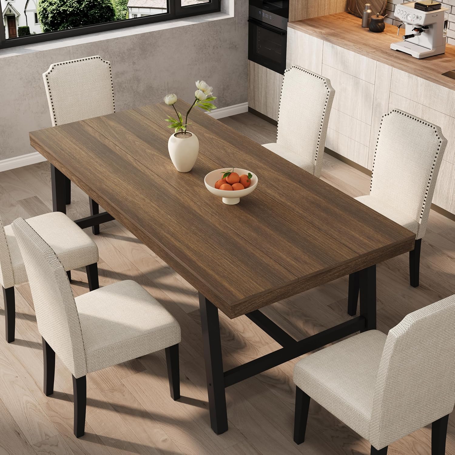 GarveeHome 7 Piece Dining Table Set for 6-8, 71" Heavy Duty Industrial Kitchen Table and 6 Padded High Back Chairs