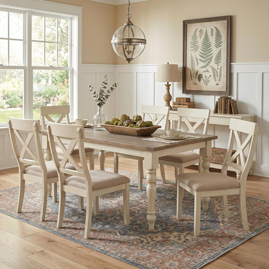 Roundhill Furniture Prato 7-Piece Dining Table Set with Cross Back Chairs, Antique White and Distressed Oak