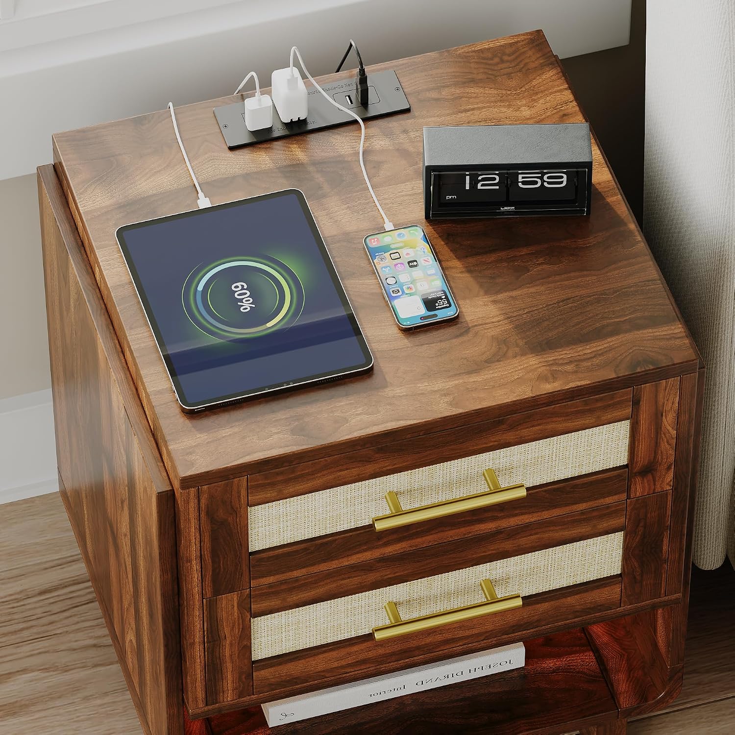 Farmhouse Nightstand with Charging Station, 18" Wide End Table with 2 Drawers, Wood Dresser for Bedroom