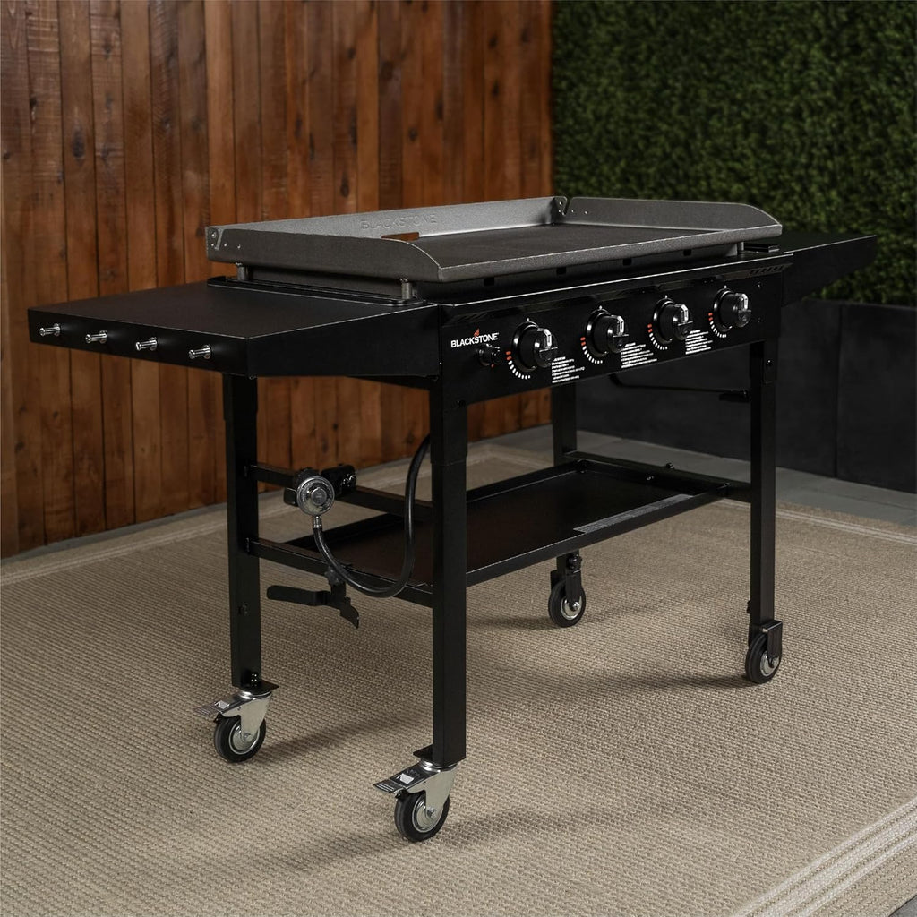 Blackstone 36 Inch 4 Burner 60,000 BTU Portable Steel Griddle Cooking Station with Foldable Legs, Grease Pan, and Storage