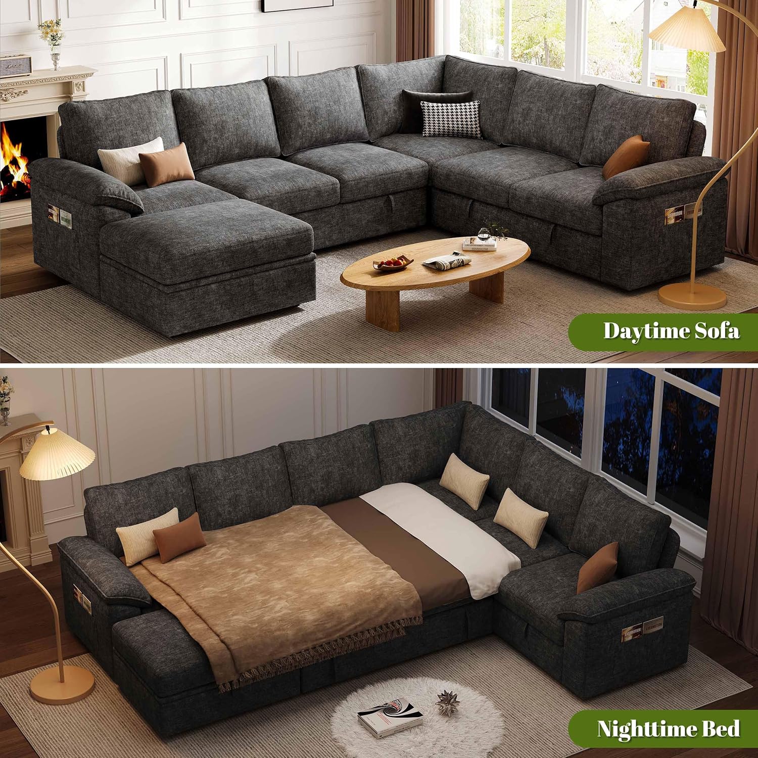 108 Inch Sectional Sleeper Sofa with Pull Out Bed, U Shaped 7 Seat Modular Sectional Sofa