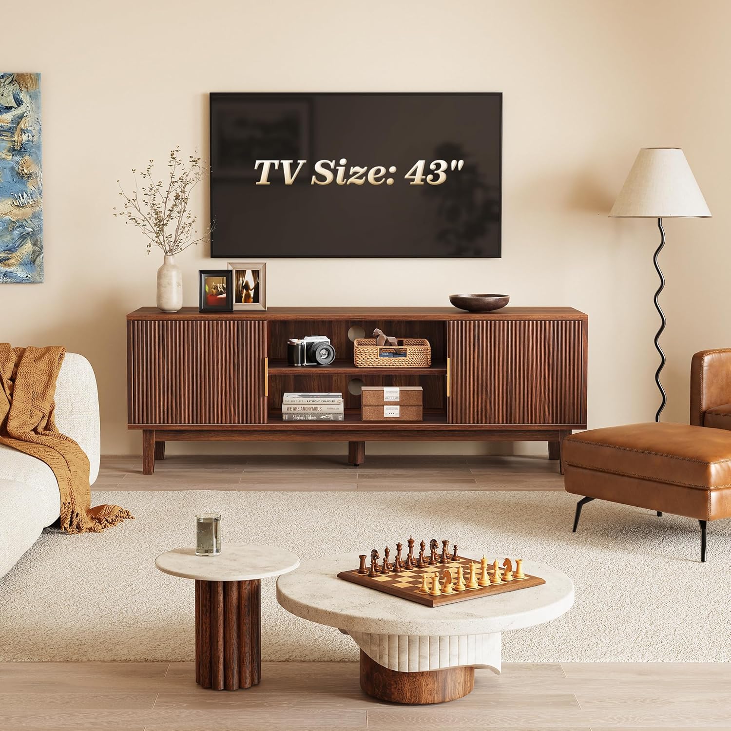54 Inch Fluted TV Stand for TVs Up to 55, 60 Inch, Mid Century Modern Entertainment Center with Storage