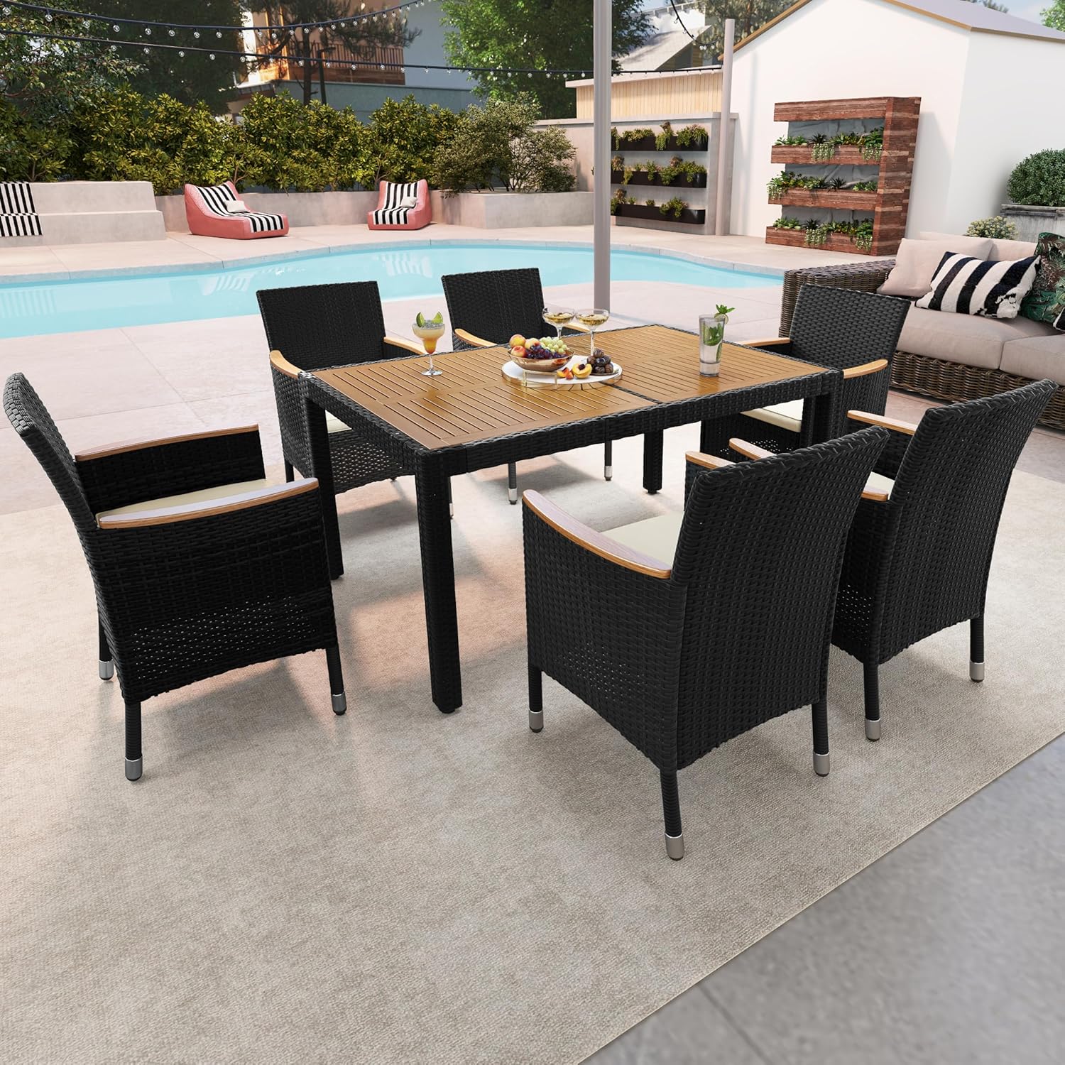 Yaheetech 7 Piece Patio Furniture Set, Outdoor Dining Acacia Wood Table Top Rattan Conversation Set