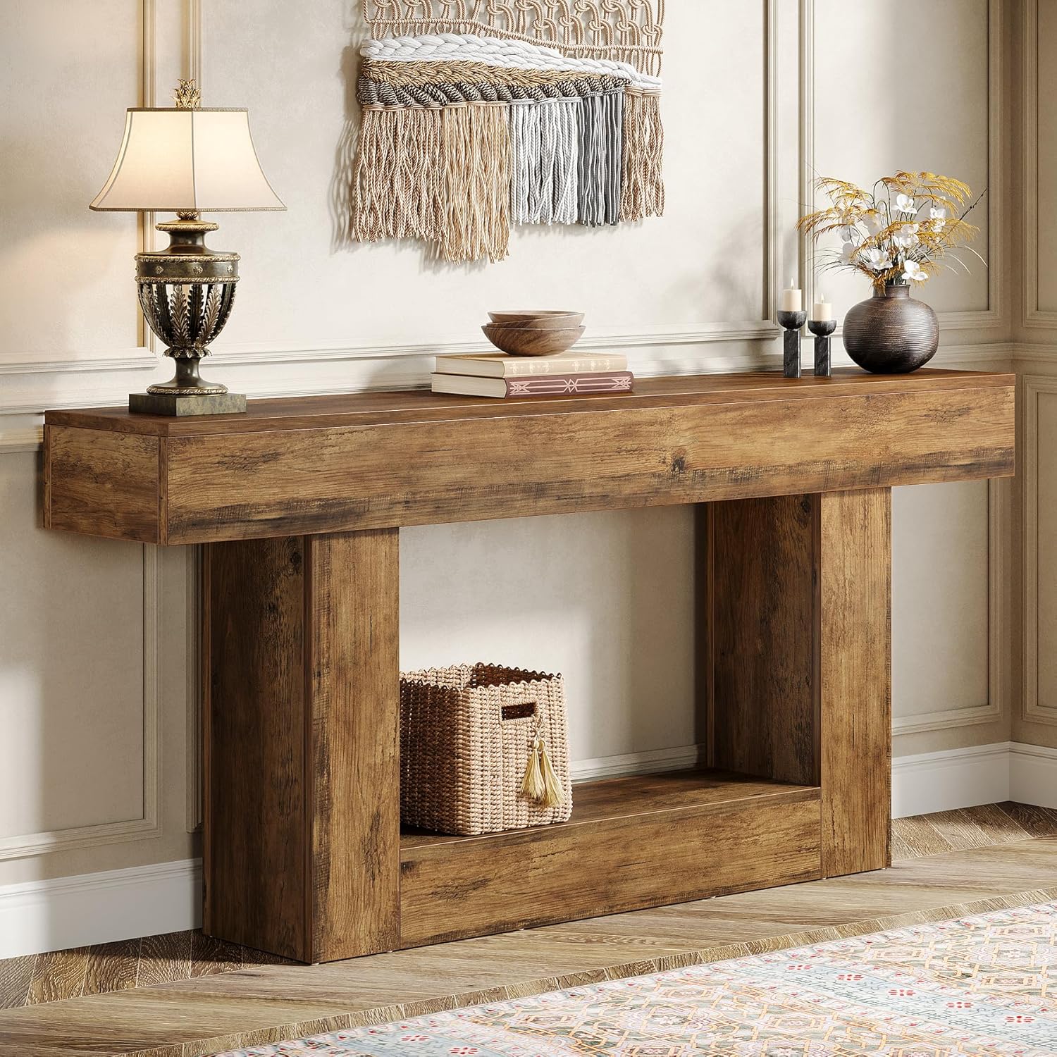 Tribesigns 63" Console Table, Farmhouse 2-Tier Entryway Table with U-Shaped Base, Narrow Long Wood