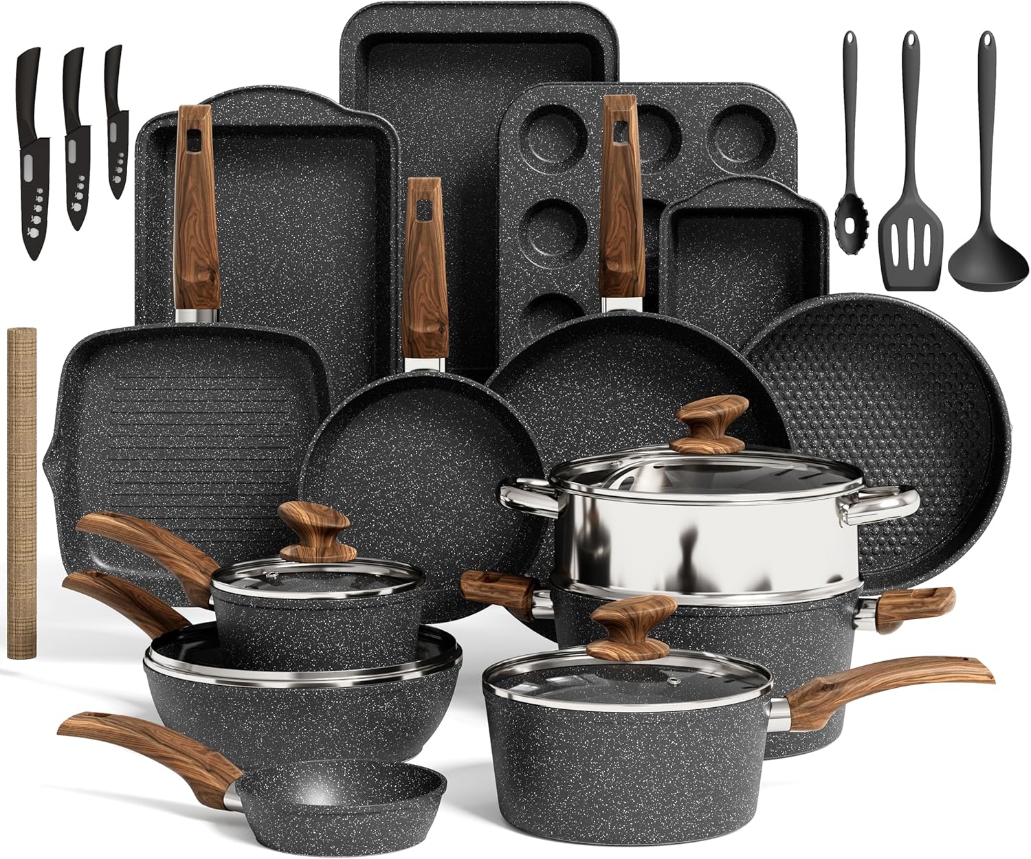 Kitchen Induction Cookware & Bakeware Set - 30 Piece Black Granite Cooking Pans Set