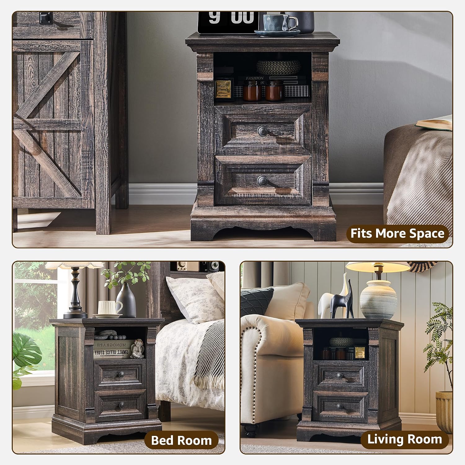 Farmhouse Nightstand with Charging Station, 18" End Table with 2 Drawers Storage and 1 Storage Shelf