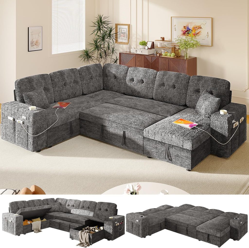 Modular Sectional Sleeper Sofa with Pull Out Bed, 108 Inch U Shaped 7 Seat Couches for Living Room