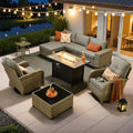 ovios 9-Piece Patio Furniture Set with L-Shape Sofa Chaise, Outdoor Sectional Couch Swivel Gliders Fire Pit Table