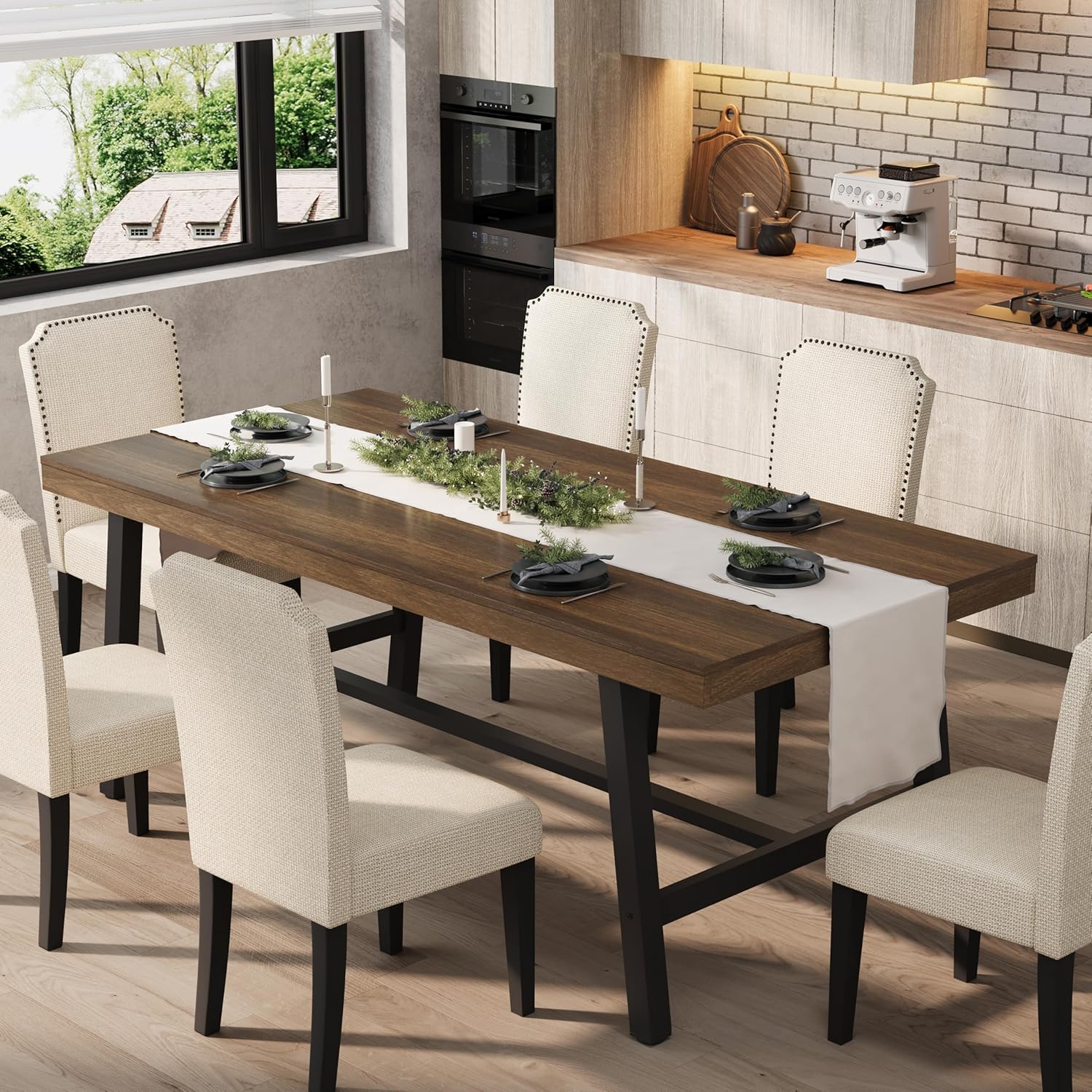 GarveeHome 7 Piece Dining Table Set for 6-8, 71" Heavy Duty Industrial Kitchen Table and 6 Padded High Back Chairs