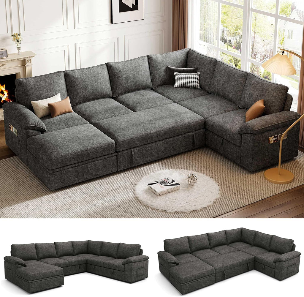 108 Inch Sectional Sleeper Sofa with Pull Out Bed, U Shaped 7 Seat Modular Sectional Sofa