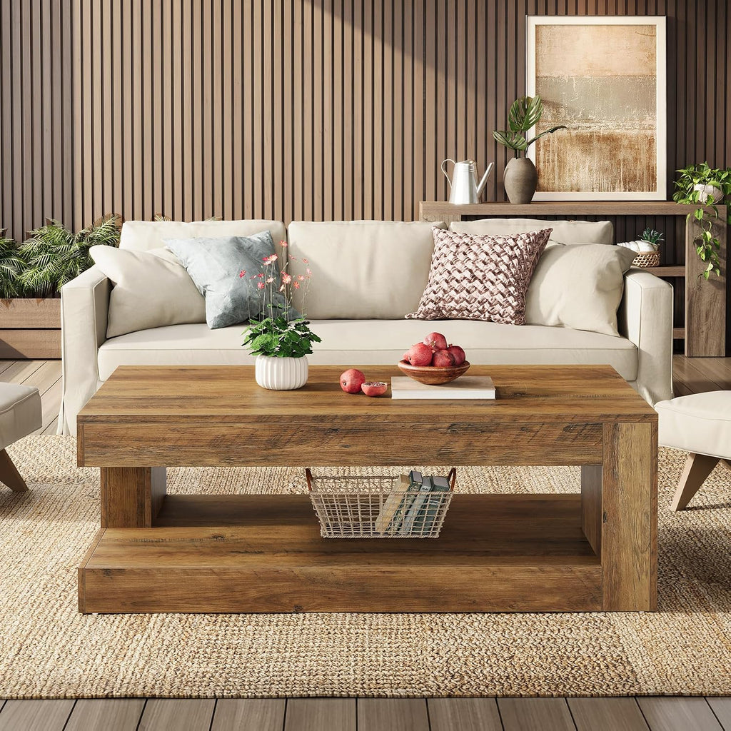 Tribesigns Coffee Table for Living Room, 47.24 Inch Farmhouse 2-Tier Accent Center Tea Cocktail Table with Storage, Brown, Rectangle
