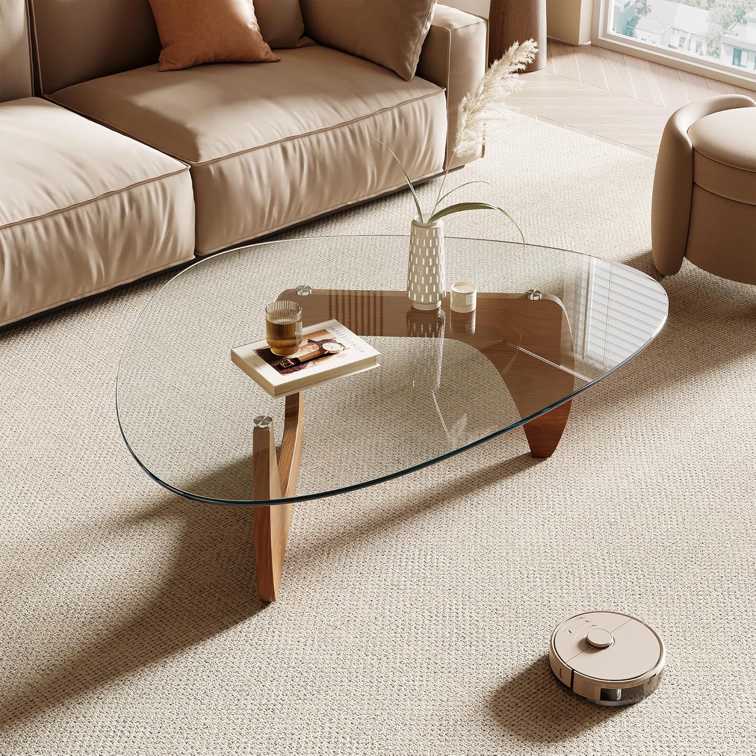 Morden Coffee Table, 42.5" x 28.5" x 16.1" Triangle Tempered Glass Top for Living Room