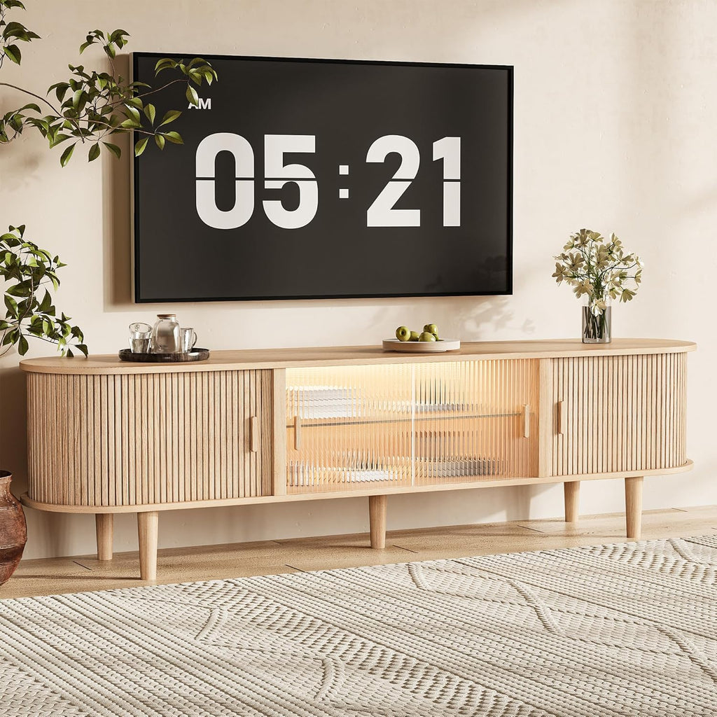 70" Fluted TV Stand with LED Lights for TVs up to 75 Inch, Mid Century