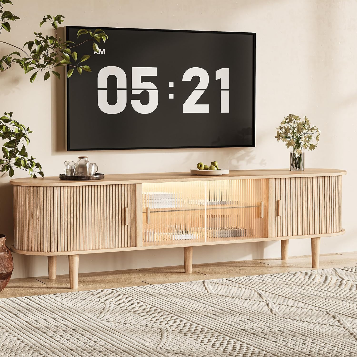 70" Fluted TV Stand with LED Lights for TVs up to 75 Inch, Mid Century