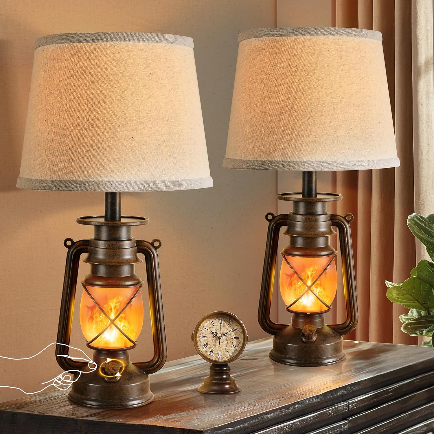 LEDIARY 18.72" LED Vintage Lantern Flickering Flame Table Lamps for Bedrooms Set of 2