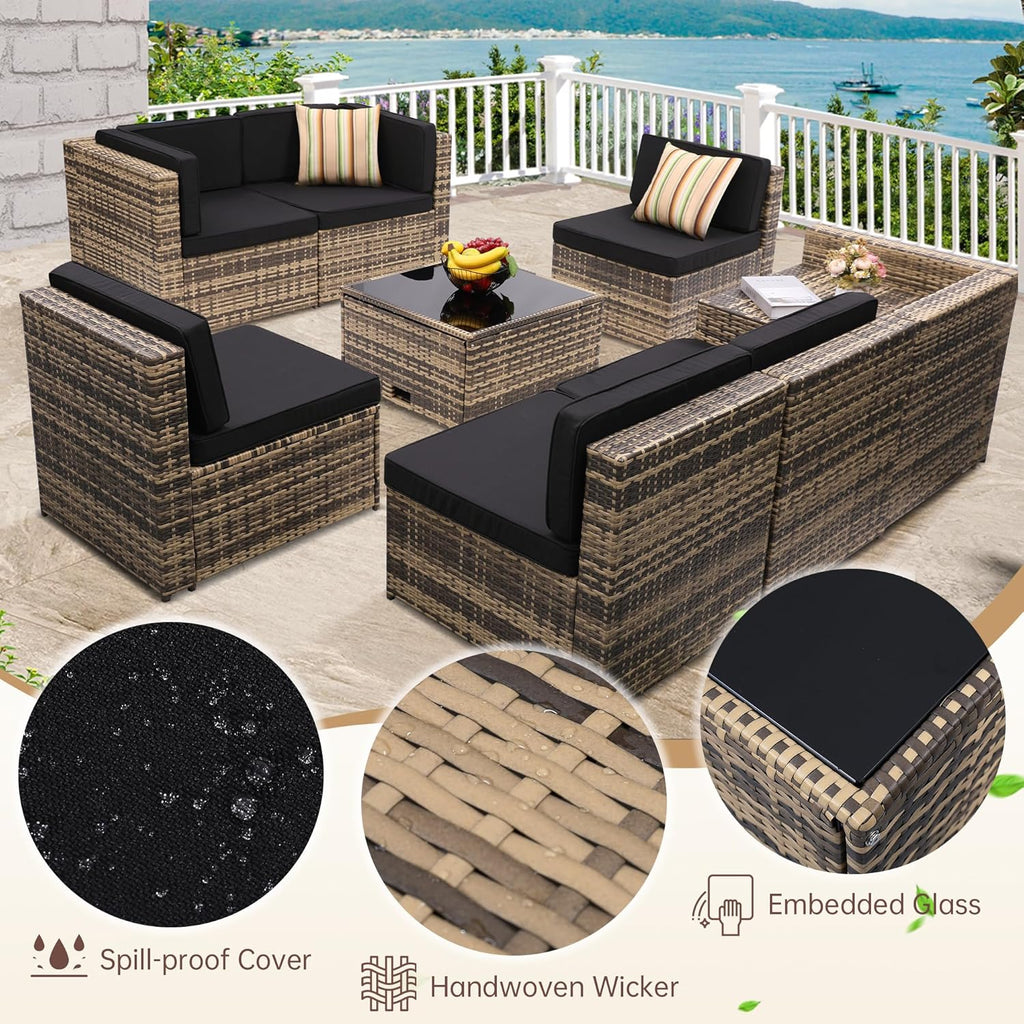8-Piece Patio Furniture Set, Outdoor Wicker Rattan Sectional with Thick Cushions, Glass Top Table with Hidden Storage