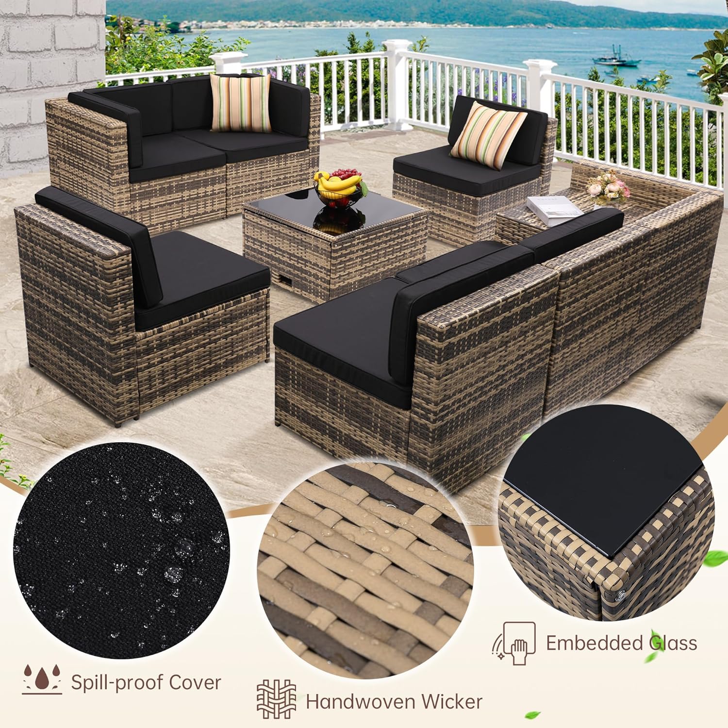 8-Piece Patio Furniture Set, Outdoor Wicker Rattan Sectional with Thick Cushions, Glass Top Table with Hidden Storage