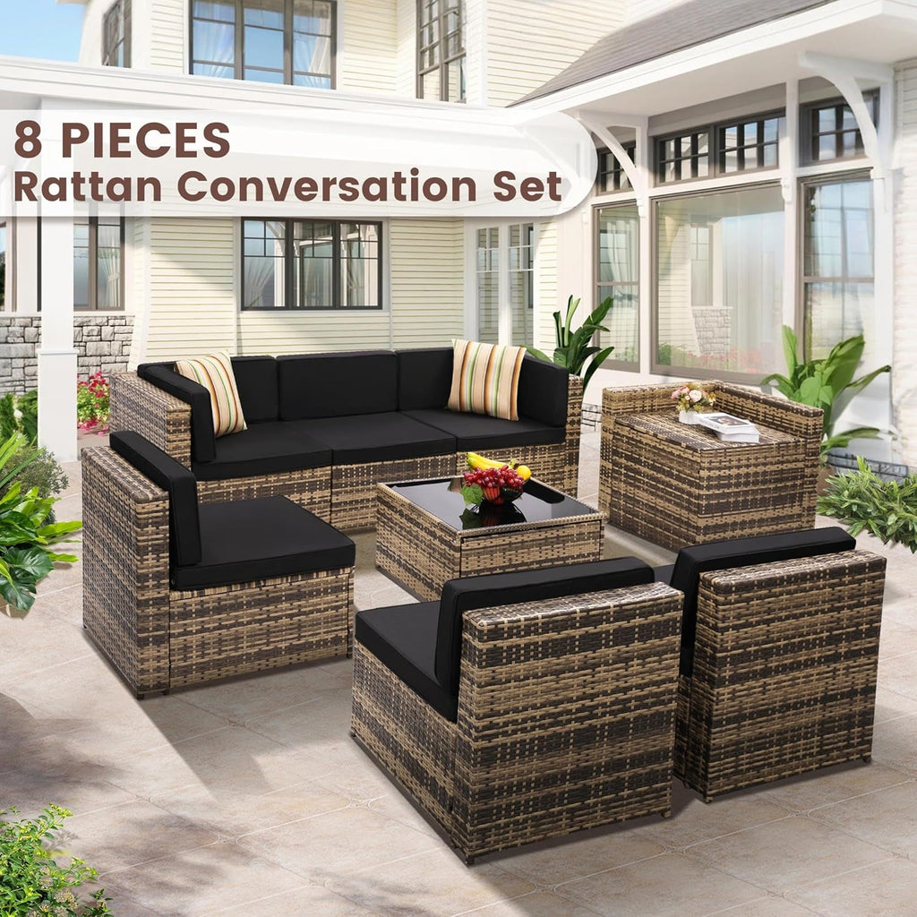 8-Piece Patio Furniture Set, Outdoor Wicker Rattan Sectional with Thick Cushions, Glass Top Table with Hidden Storage