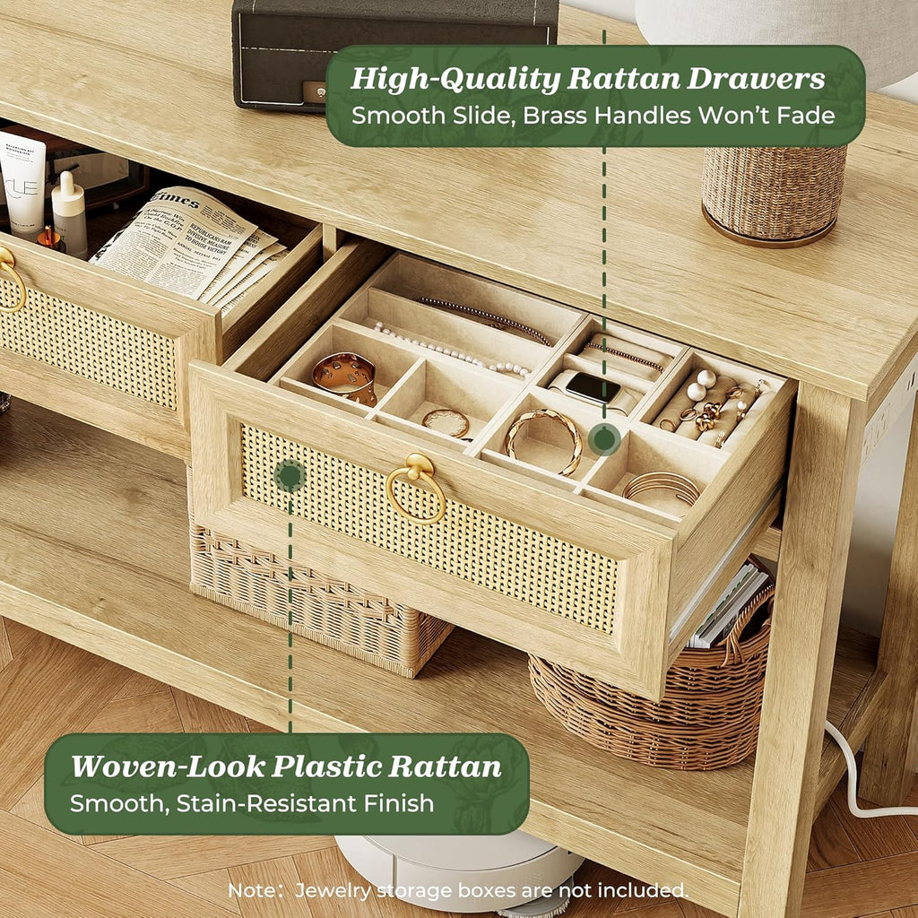 SUPERJARE Rattan Console Sofa Table with Outlets and USB-C Port, 3 Drawer