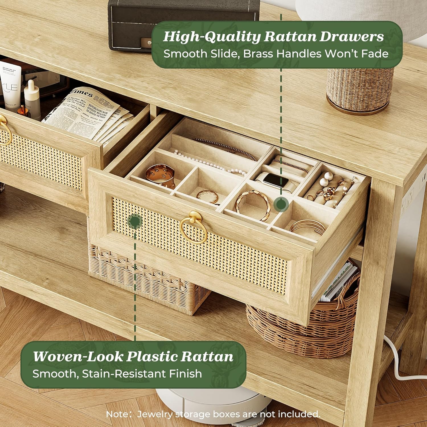 SUPERJARE Rattan Console Sofa Table with Outlets and USB-C Port, 3 Drawer