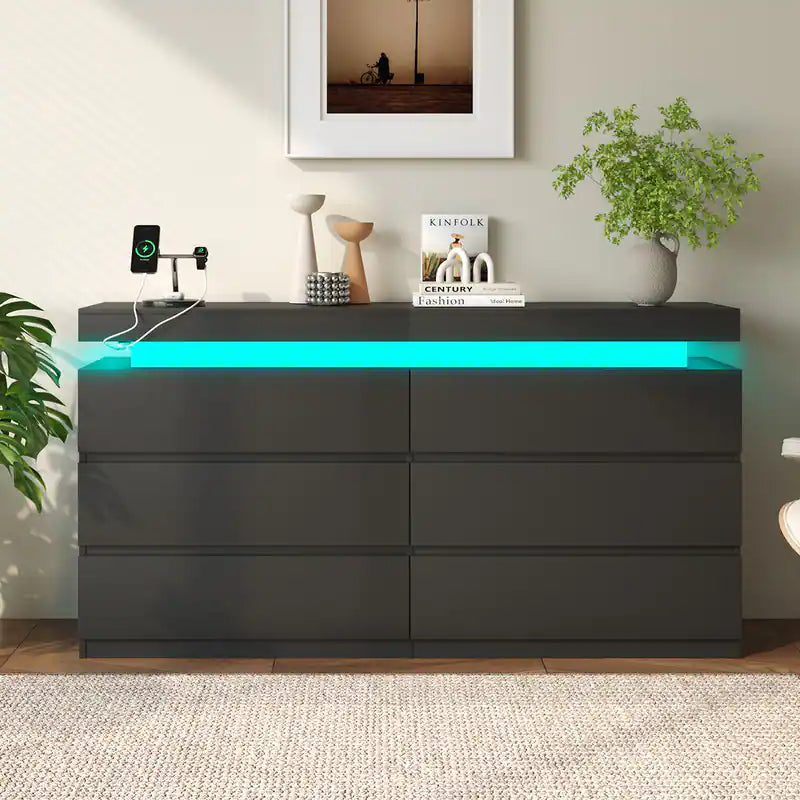 Dyonery - Modern 6-Drawer Dresser with Sliding Desktop & Power Outlet - Storage Cabinet with LED Lights - Black
