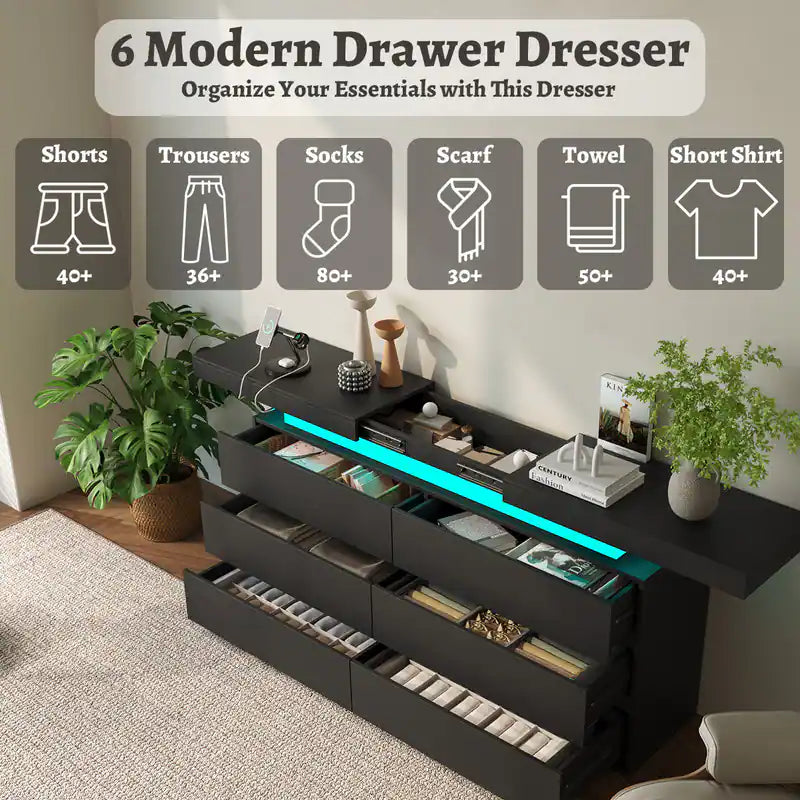 Dyonery - Modern 6-Drawer Dresser with Sliding Desktop & Power Outlet - Storage Cabinet with LED Lights - Black
