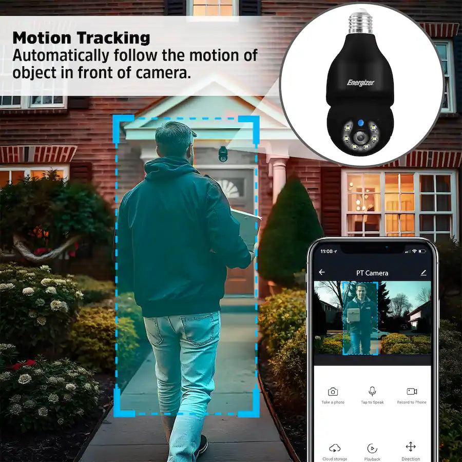 Energizer - 2-Pack Smart 5GHz 2K Security Auto Tracking P/T Light Bulb Socket Camera - Black