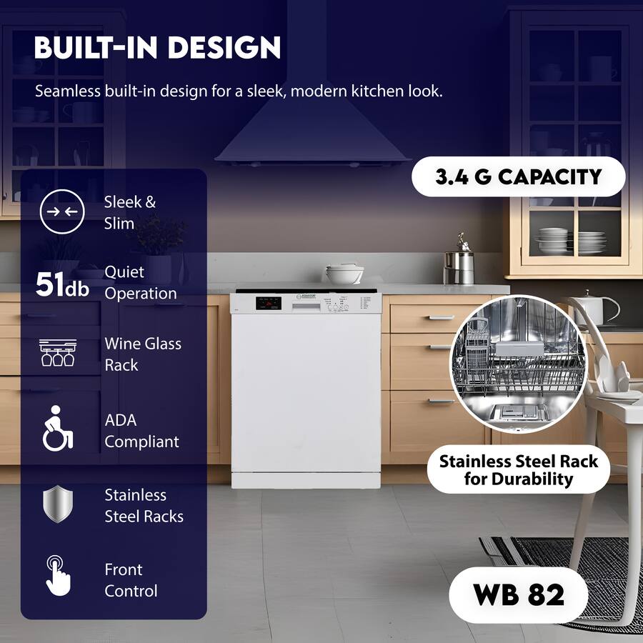 Equator - 24" Built-In Dishwasher Front Control 14 place 3.4g Sanitize 51 dB Heating Element Energy Star 110V ADA - White