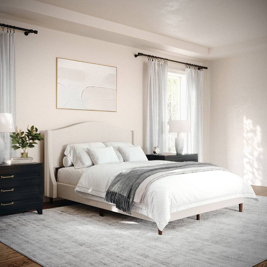 Martha Stewart - Amelia Faux Linen Upholstered Full Size Platform Bed with Curved Headboard - Beige Fabric/Walnut Legs
